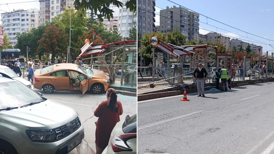 Facianın eşiğinden dönüldü: Kayseri'de hızını alamayan otomobil tramvay durağına böyle daldı