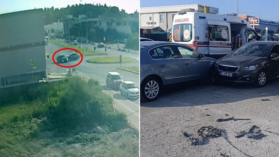 Manavgat'ta iki otomobil kavşakta çarpıştı, kaza anı kamerada