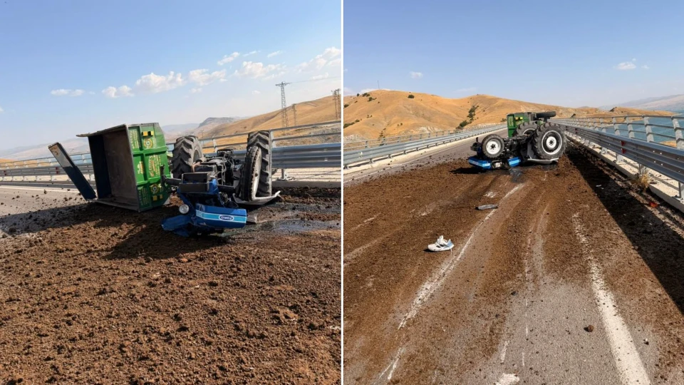 Tunceli'de gübre yüklü traktör virajda böyle devrildi