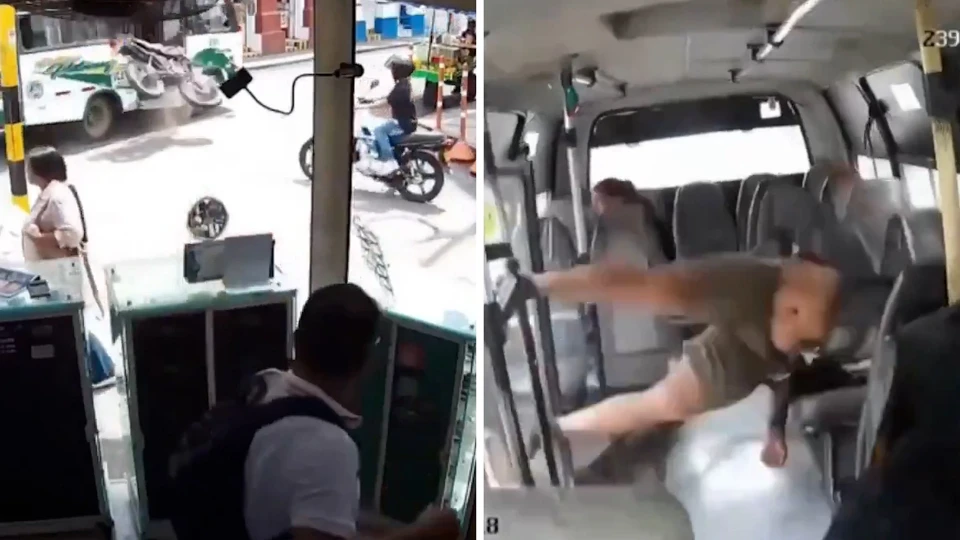 Kolombiya'da aşırı hız yapan motosikletli seyir halindeki kapısı açık otobüsün içine uçtu